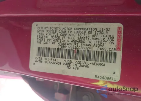 2003 Toyota Corolla Le из США, поврежденный, VIN JTDBR32E830036824